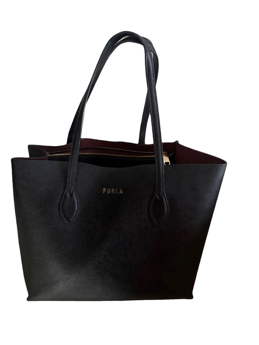 Furla Black Leather Tote with Burgundy Interior